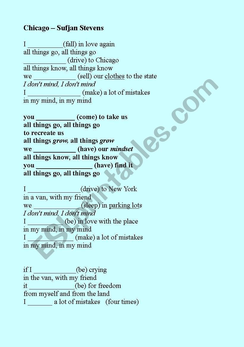 English Worksheets Sufjan Stevens Chicago Song Irregular Verbs Capo on 4th by choice. english worksheets sufjan stevens