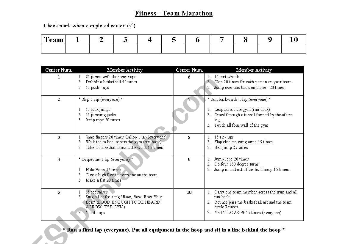 Fitness Team Marathon worksheet