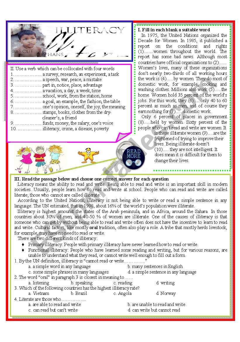 illiteracy reading worksheet