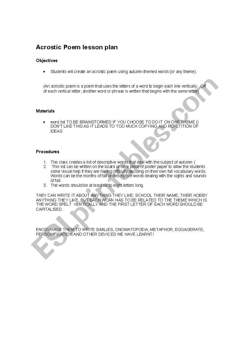 acrfostic poem lesson worksheet