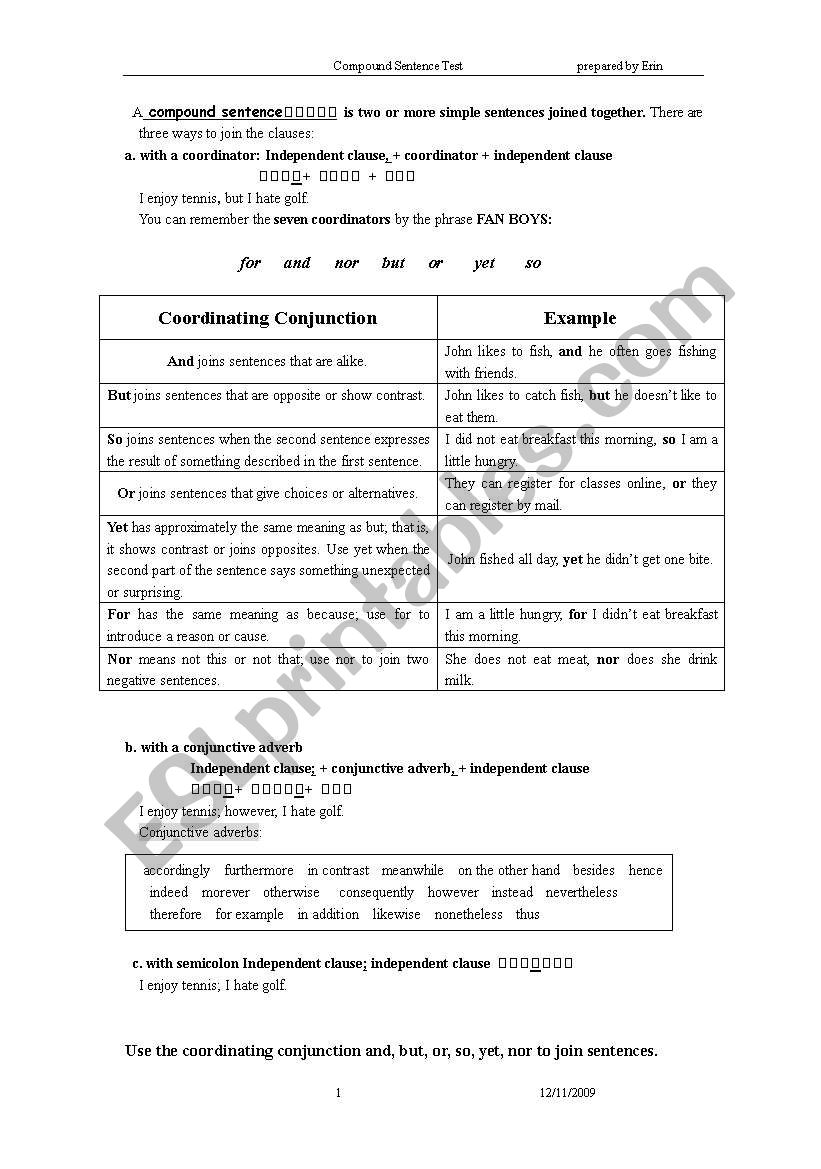 compound sentence and exercise