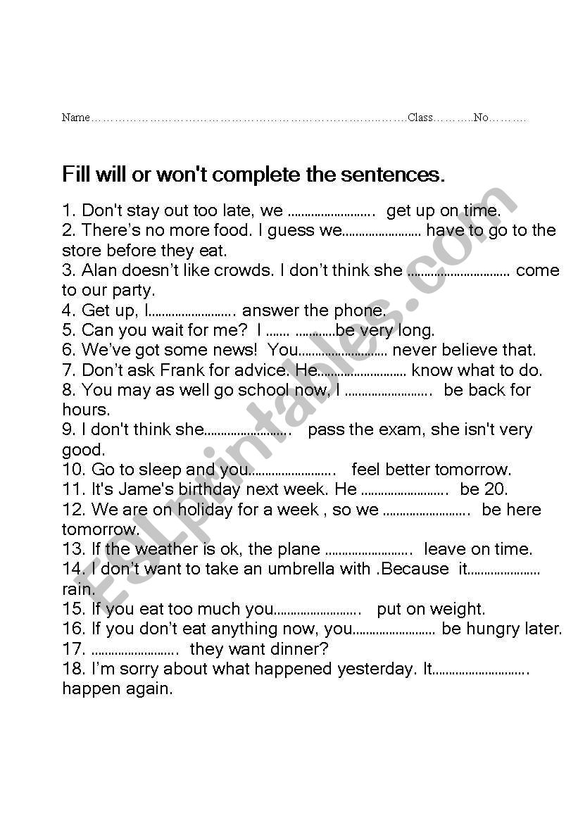 will wont worksheet