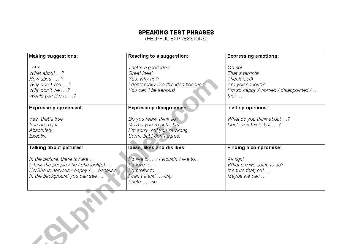 Speaking Test Phrases worksheet