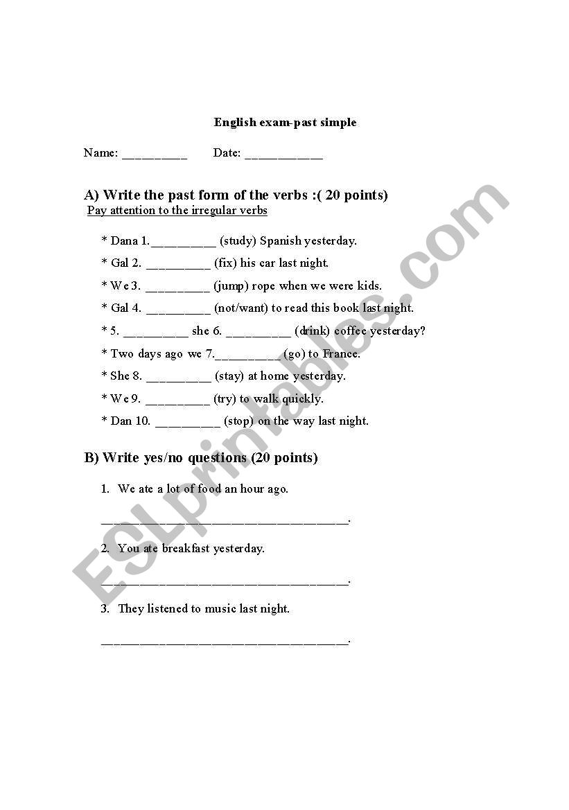 past simple exam worksheet