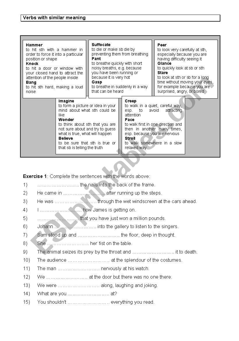 Confusable verbs: pace /stroll / creep / imagine / wonder / believe /hammer / knock / bang / gasp / pant / suffocate/ peer / glance / stare / swallow / bite / chew