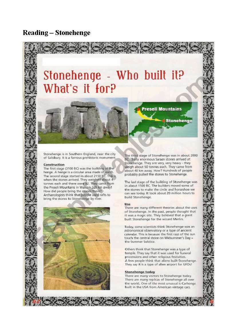 A READING ON STONEHENGE worksheet