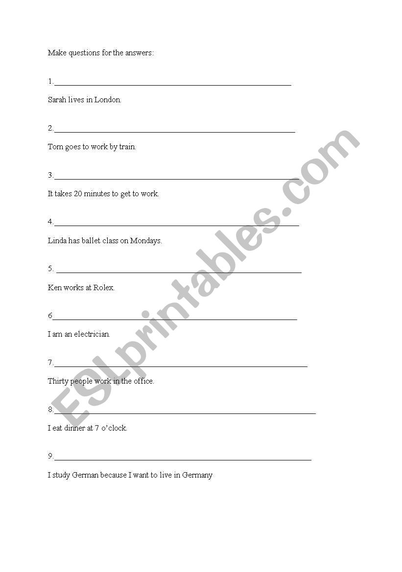 Question words:  Make questions for the answers