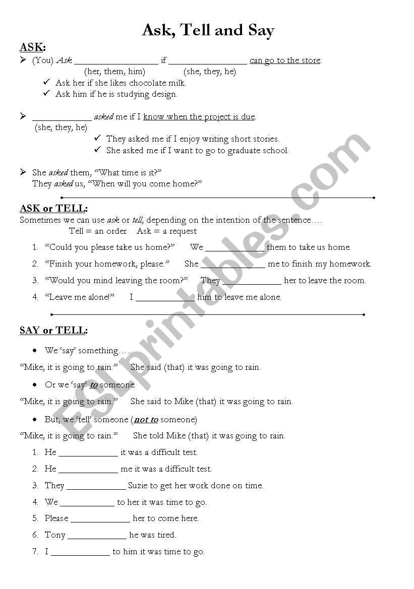 Ask, Tell, Say worksheet