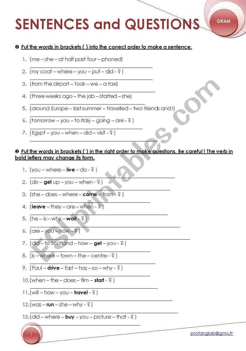 sentences and questions worksheet