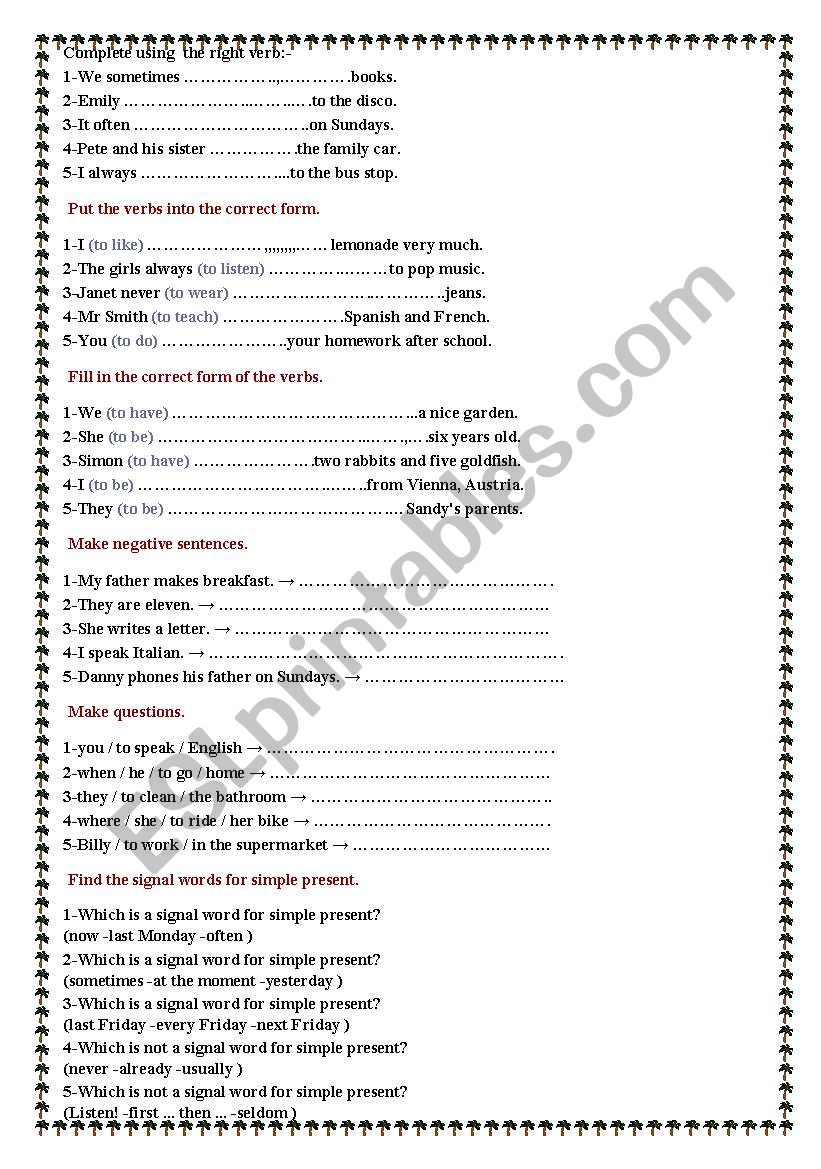 present,past tense ,and more worksheet