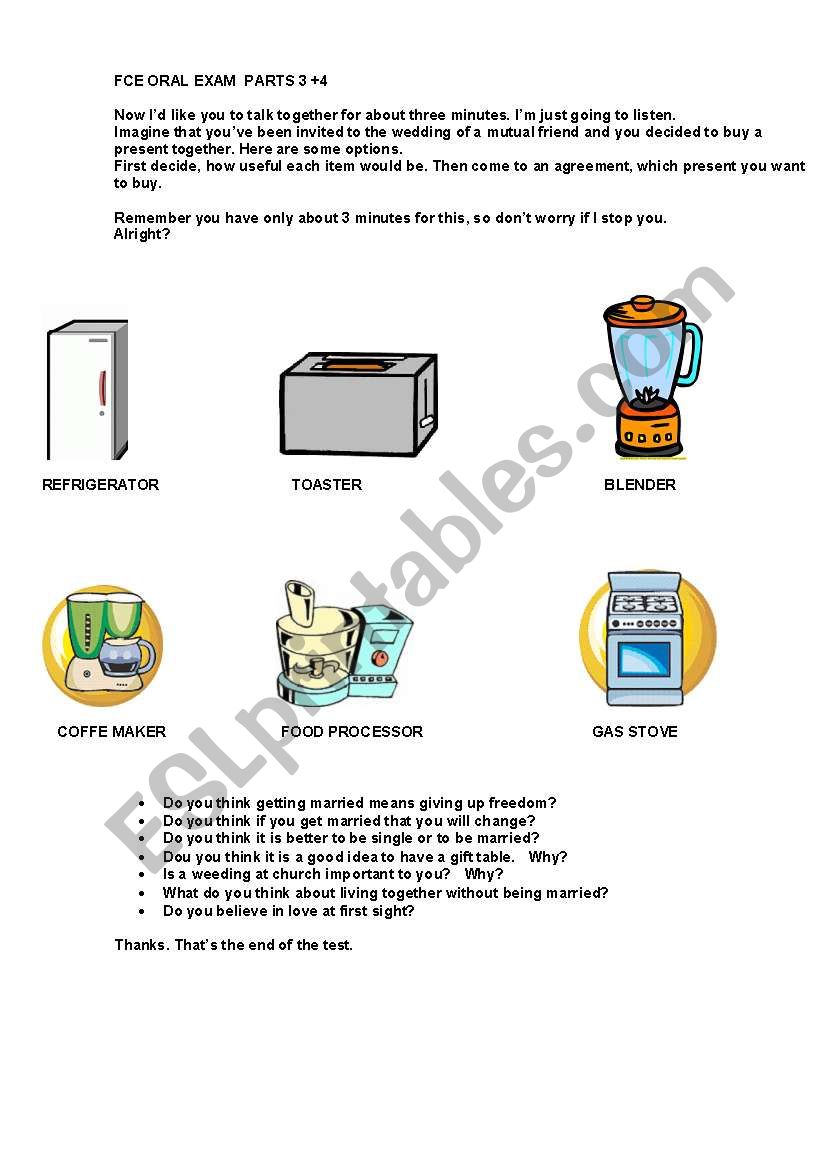 Preparation for FCE Paper 5 (Speaking) parts 3 and 4