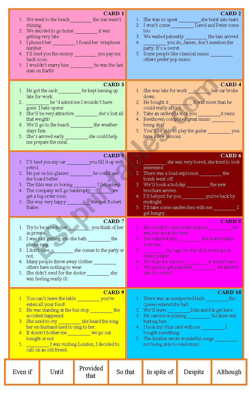Conjunctions bingo worksheet