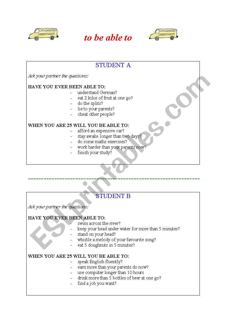 to be able to - a pairwork worksheet