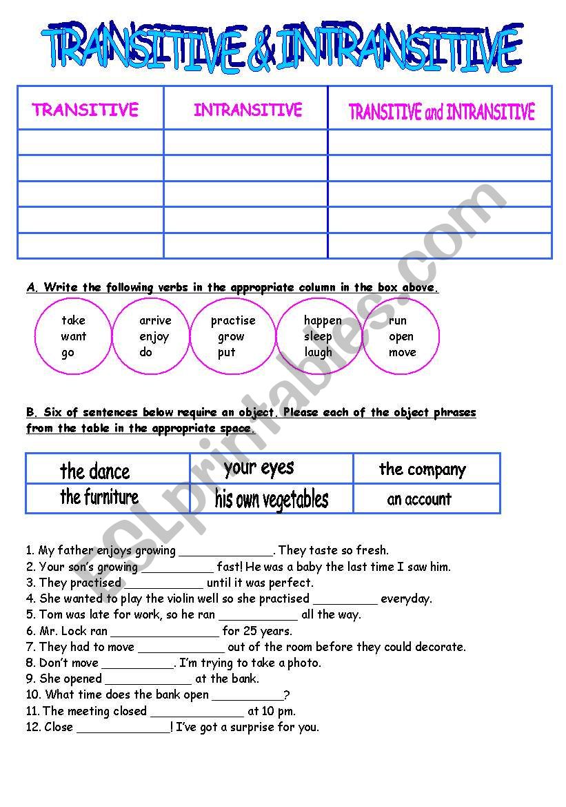 Transitive and intransitive verbs - ESL worksheet by spoiltgirl In Transitive And Intransitive Verb Worksheet