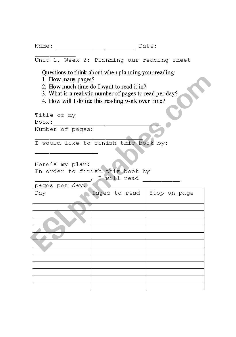 Planning Your Reading worksheet