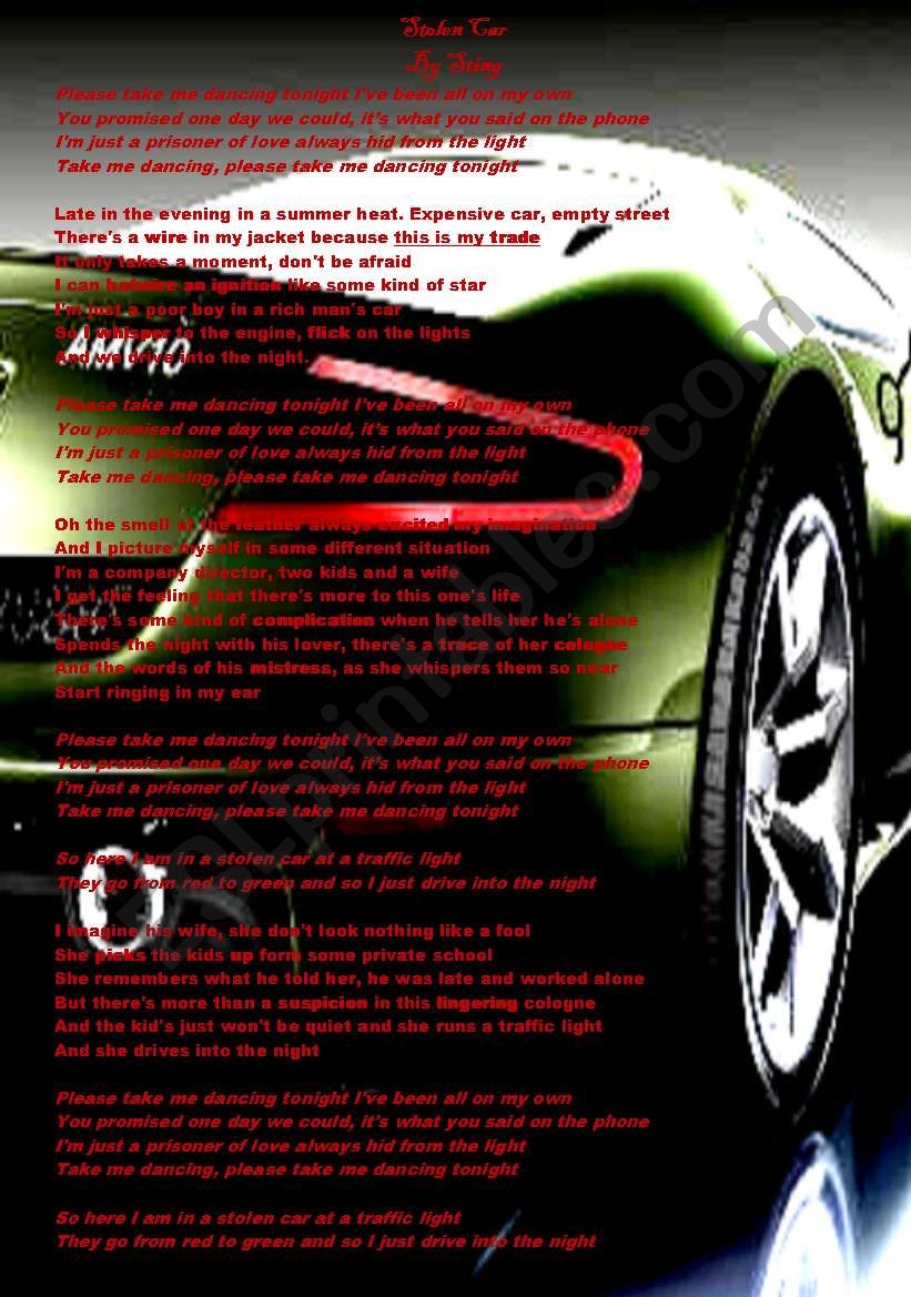 Stolen Car. Lyrics by Sting worksheet