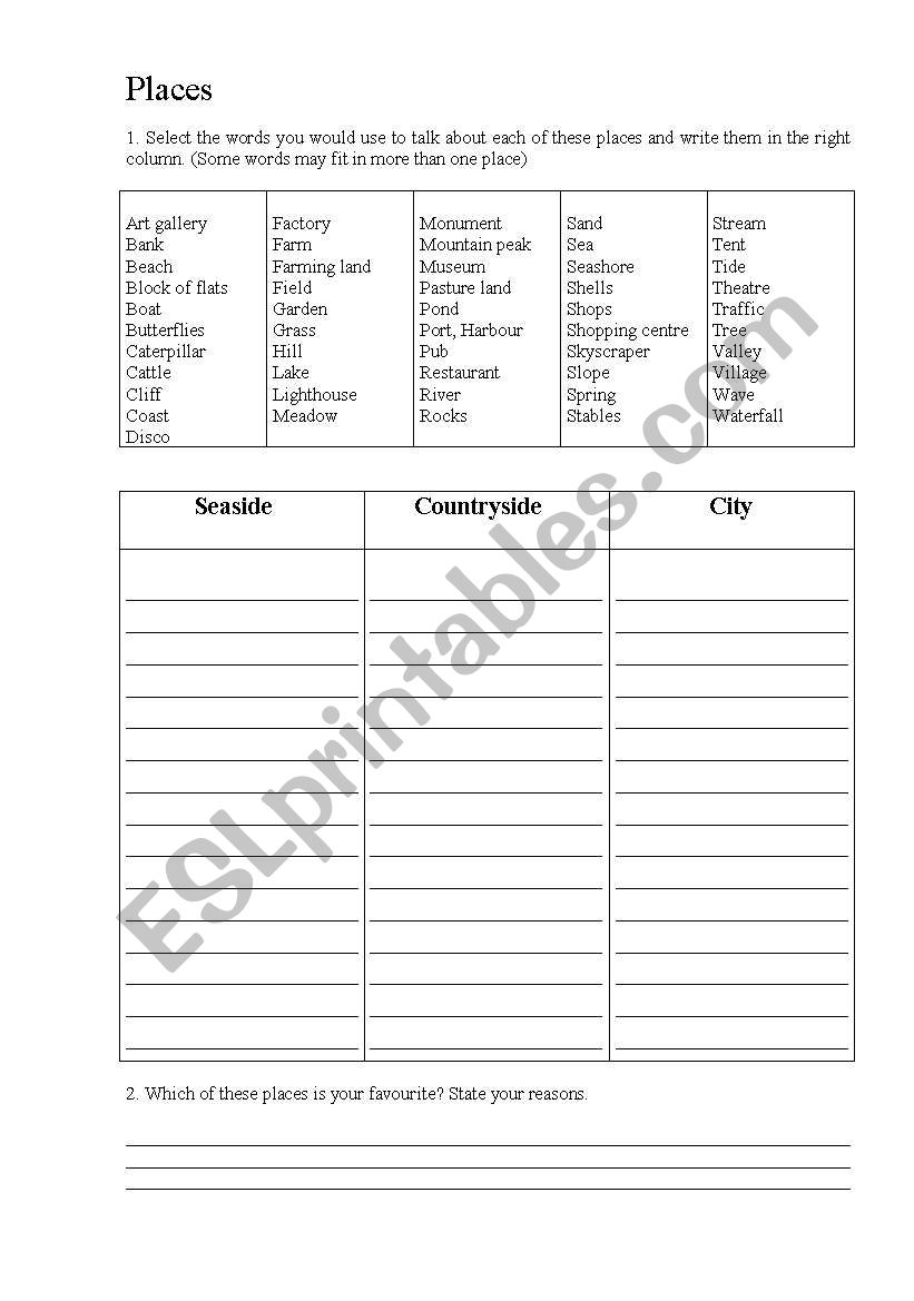 places worksheet