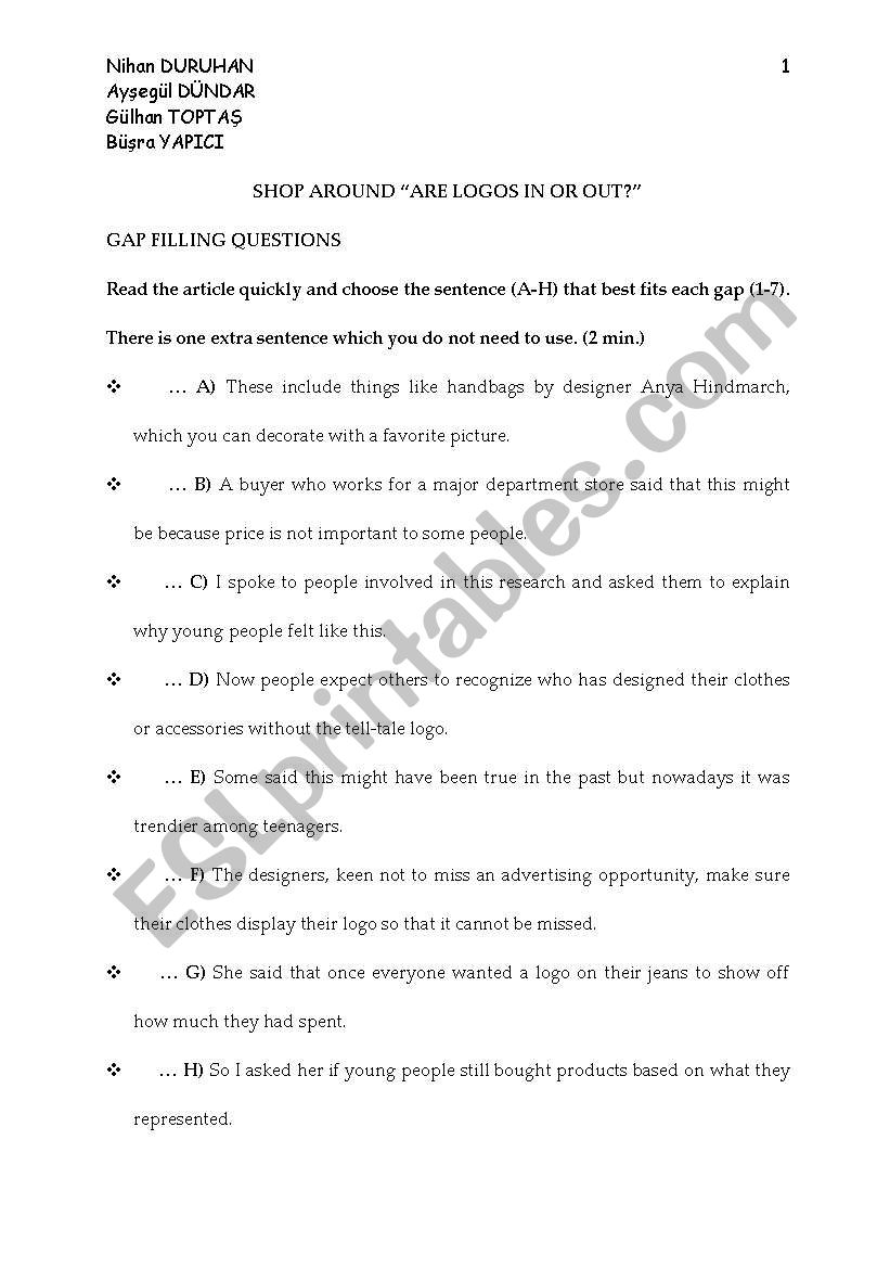 shopping worksheet