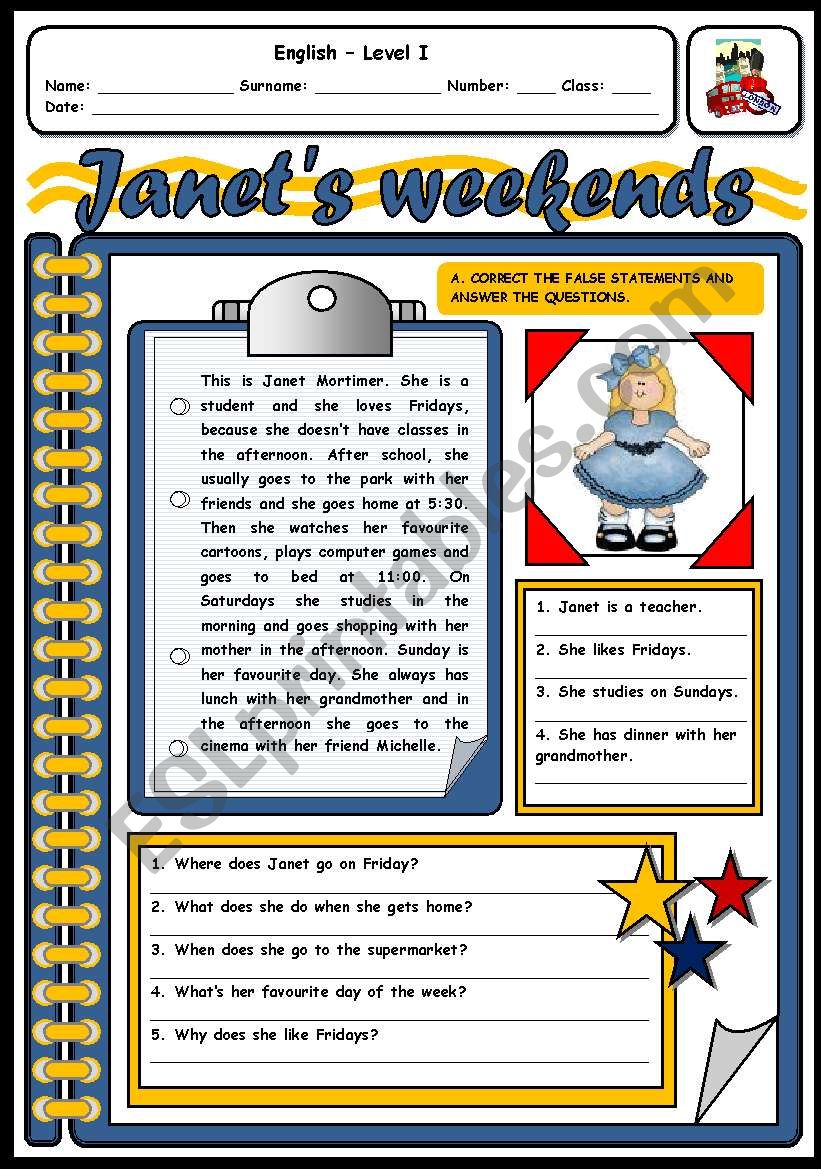 JANETÂ´S WEEKEND (2 PAGES) worksheet