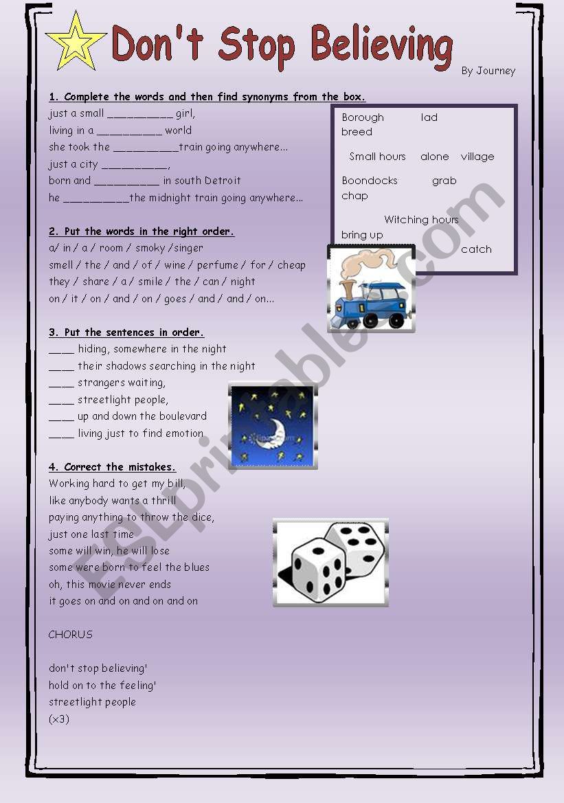 Don´t Stop Believing By Journey (2 pages) - ESL worksheet by julianach22