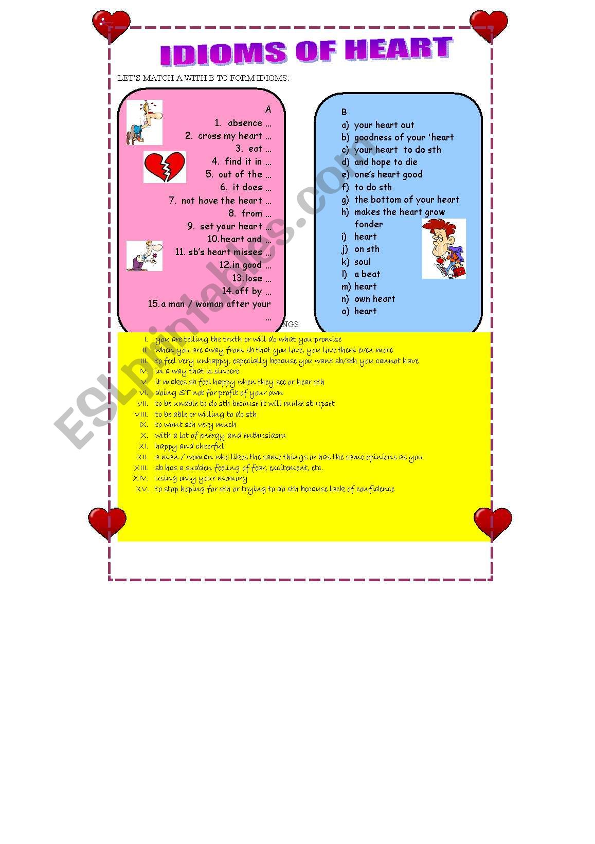 Idioms of heart worksheet
