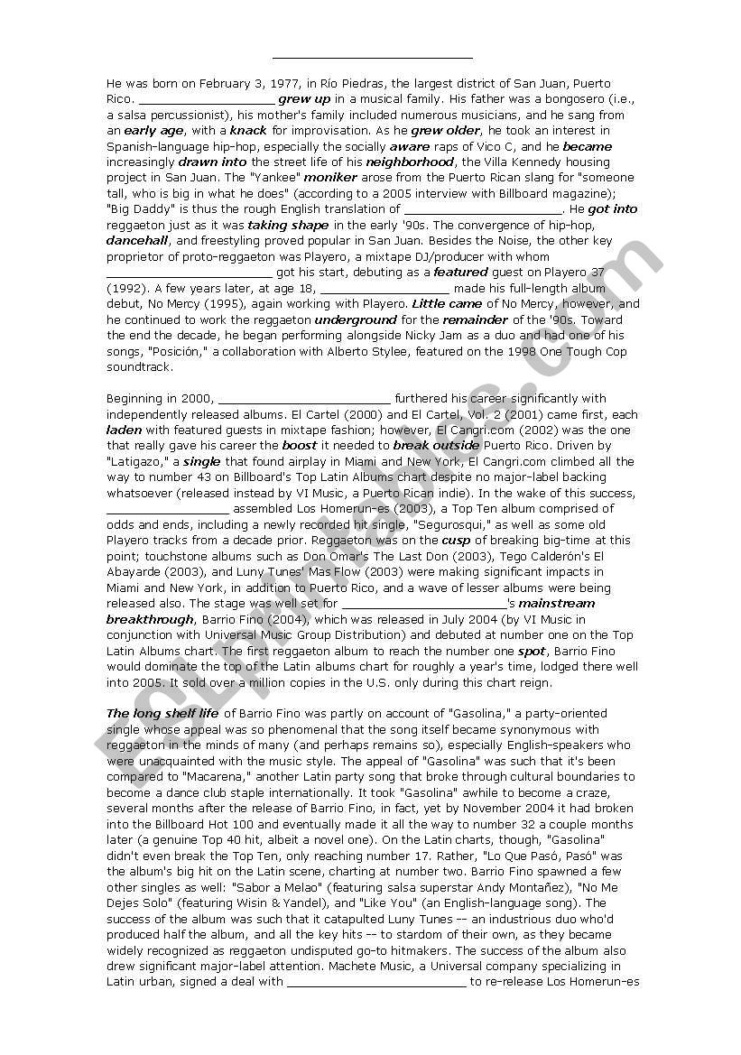 DADDY YANKEES BIOGRAPHY worksheet