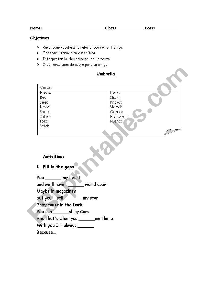 Umbrella (Rihanna) worksheet