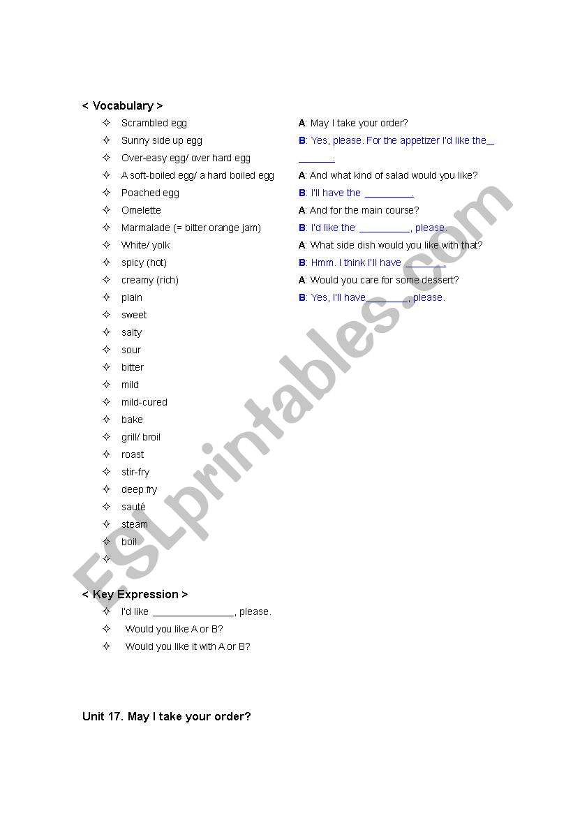 vocabulary and key sentences related to restaurant