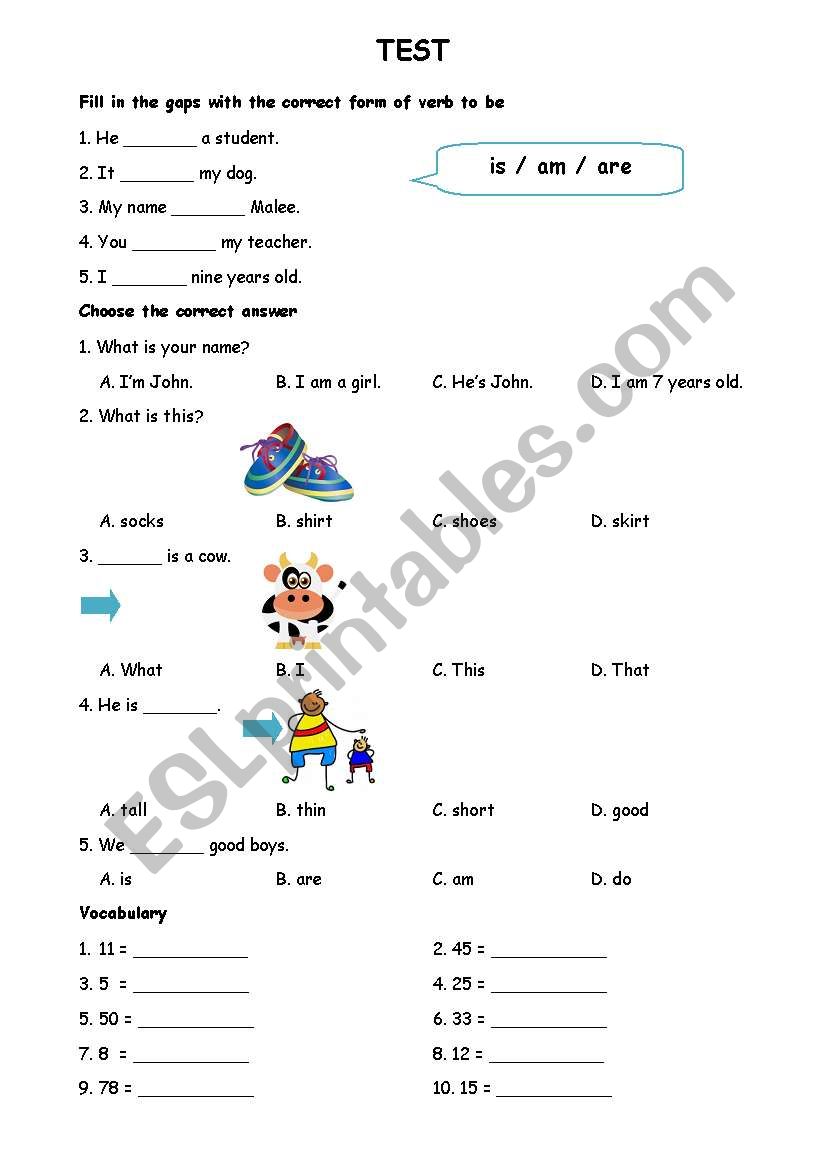 Kid grammar test worksheet
