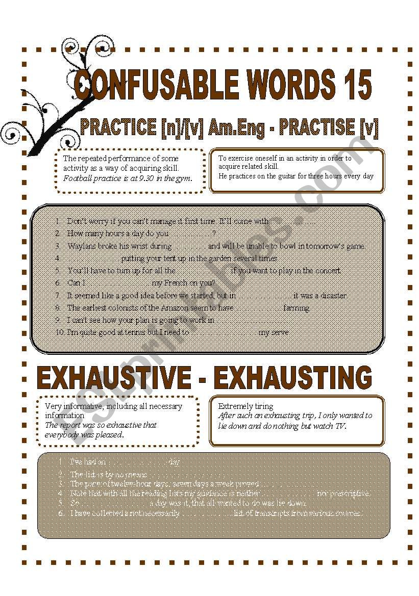 CONFUSABLE WORDS 15-PRACTICE-PRACTISE-EXHAUSTIVE-ING-LAST-LATEST-LATTER-HEAR -LISTEN
