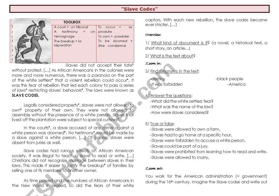 slave codes worksheet