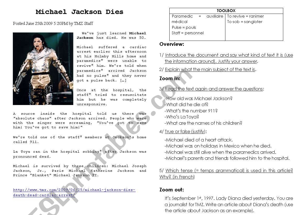 michael jackson dies worksheet