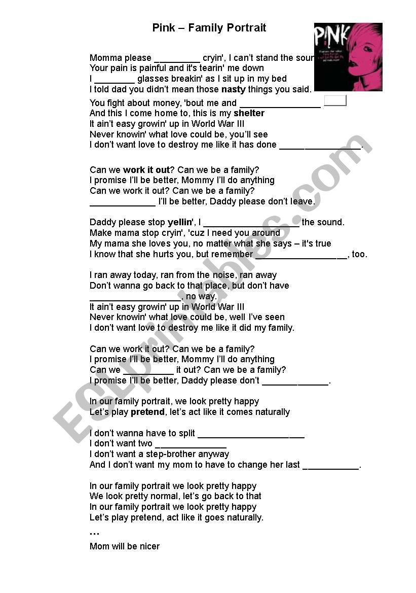 Song: Pink - Family Portrait worksheet