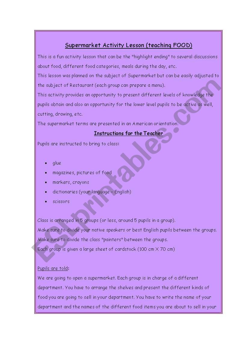 Supermarket Activity lesson  worksheet