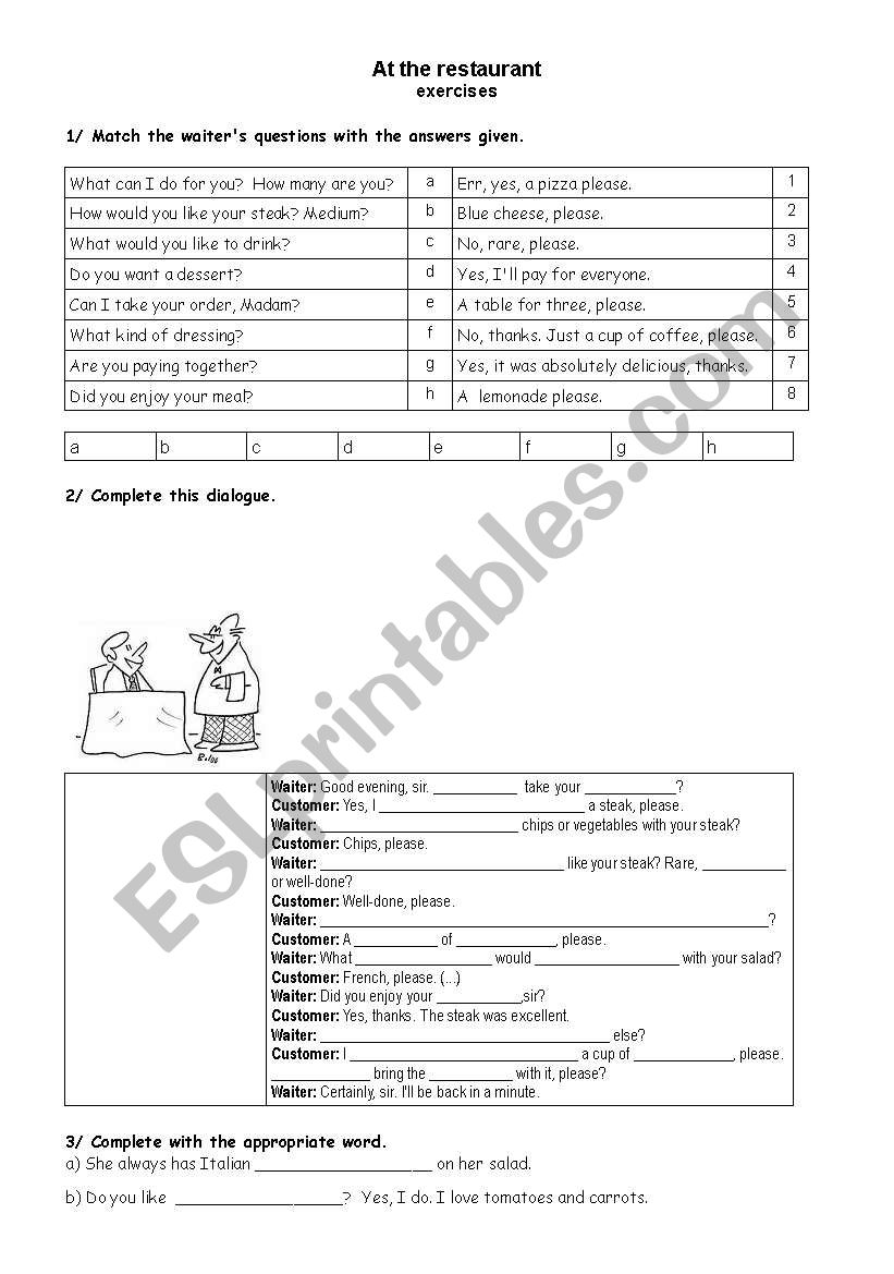 At the restaurant - exercises worksheet