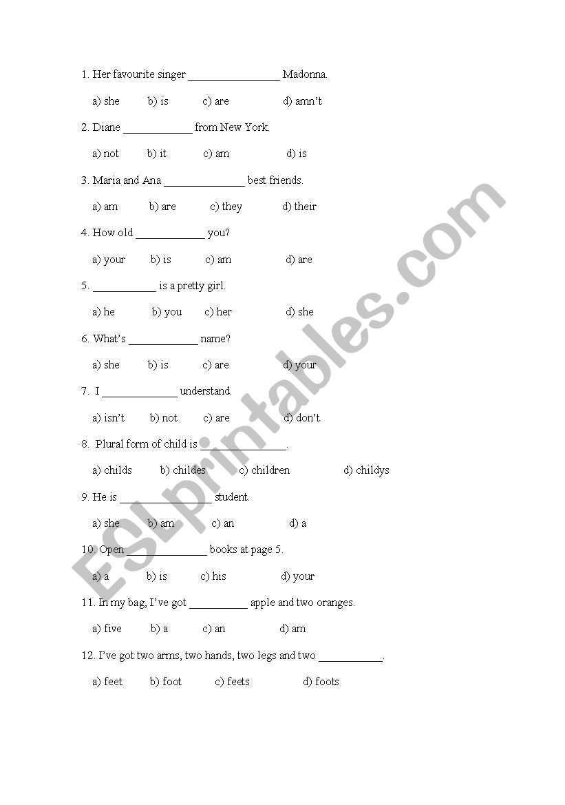 Multiple choice - to be worksheet