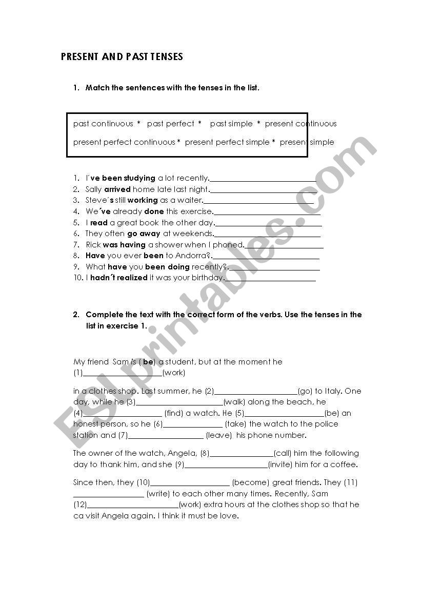 Present and past tenses  worksheet