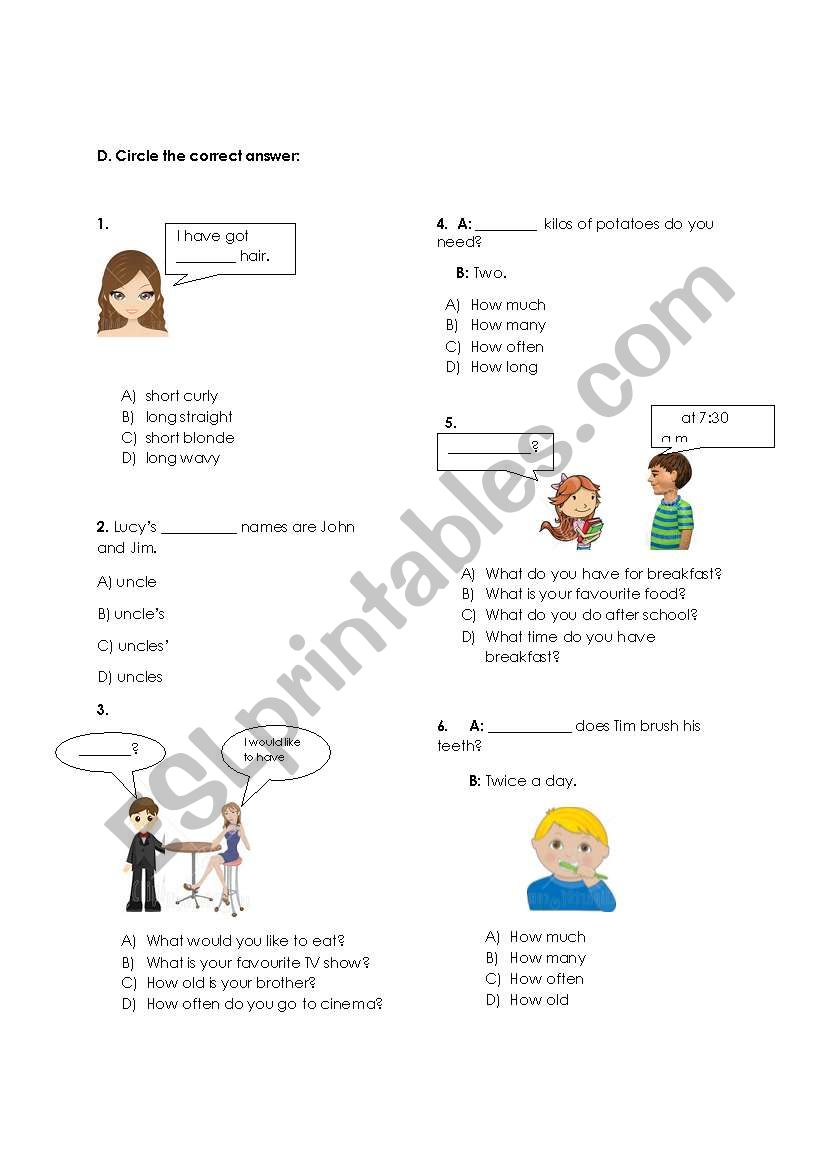 Multiple choice worksheet daily routines, hobbies, food, describing people