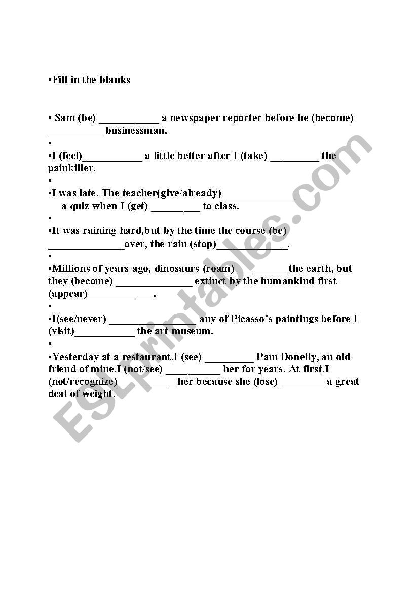 the past perfect worksheet worksheet