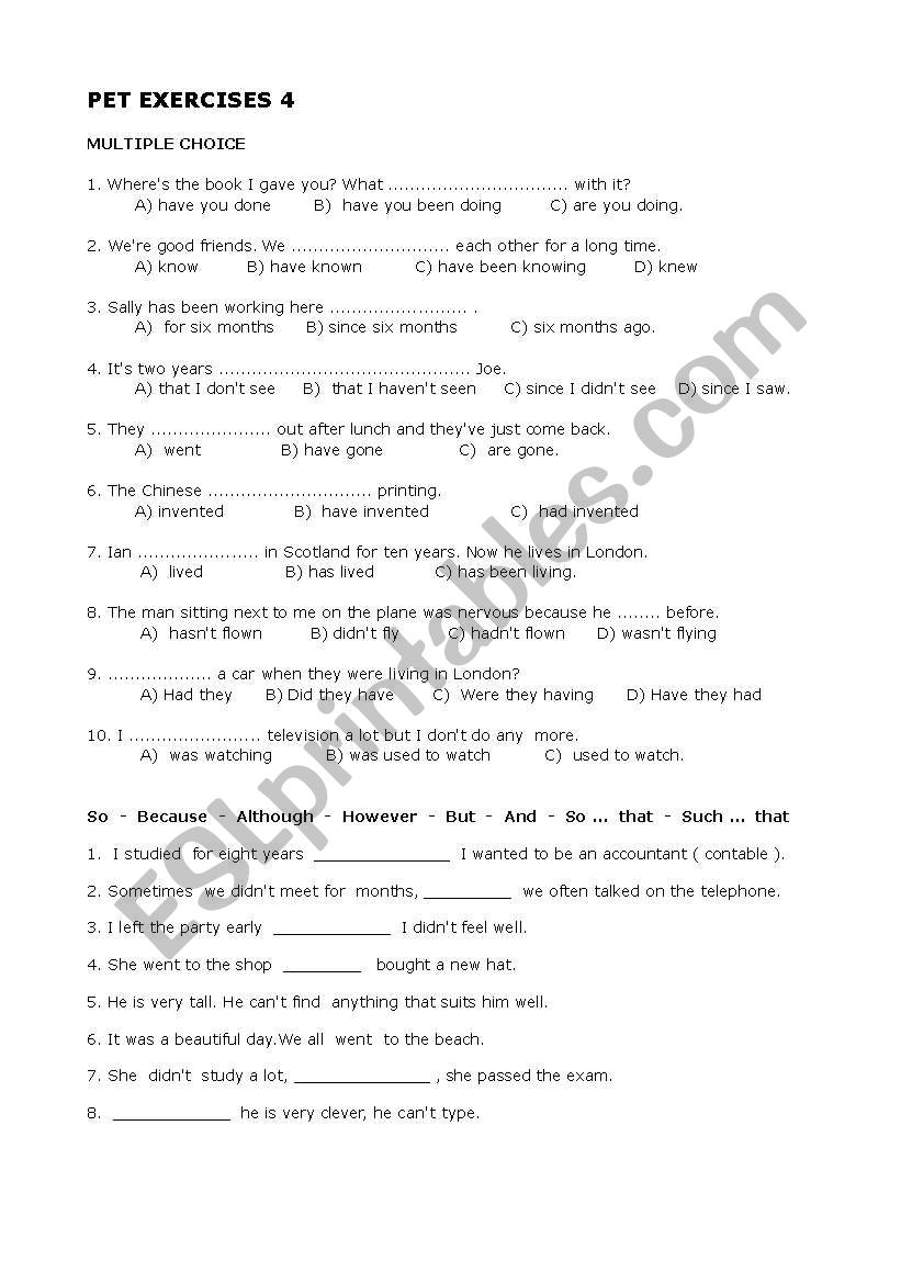 PET EXERCISES 4 worksheet