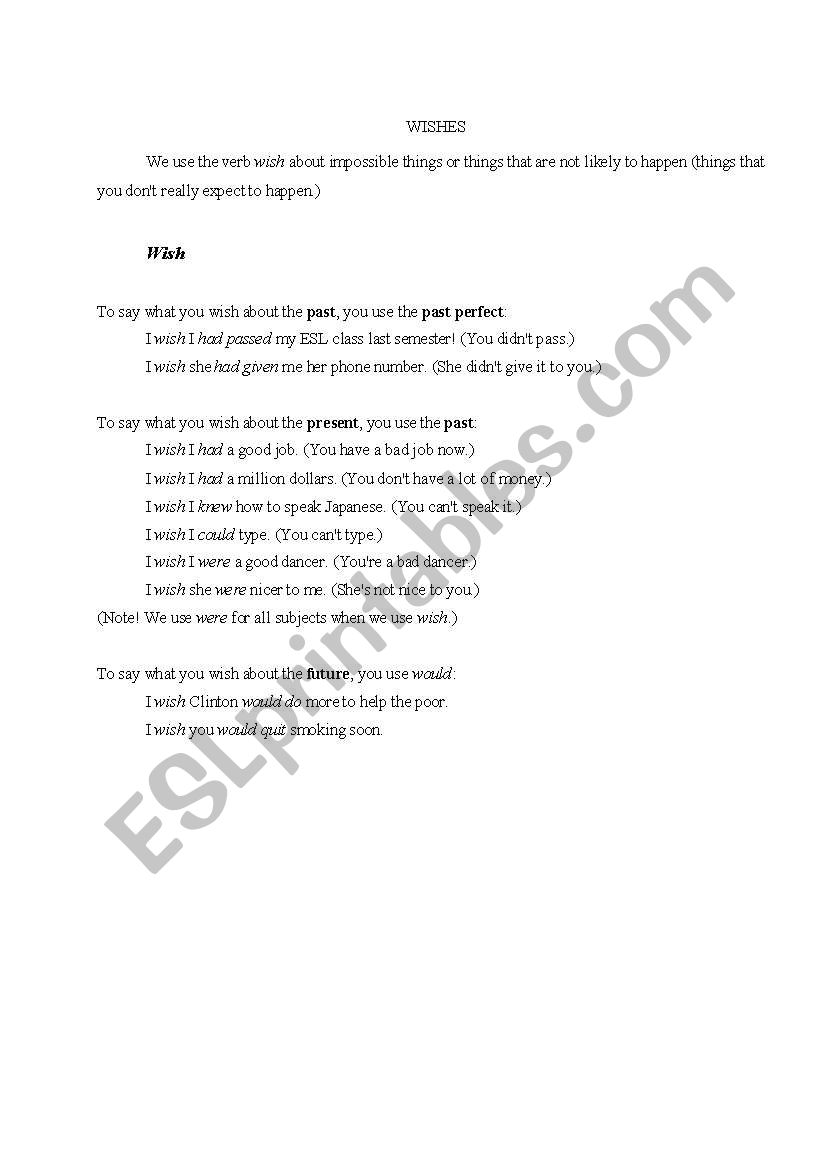 WISHES  worksheet