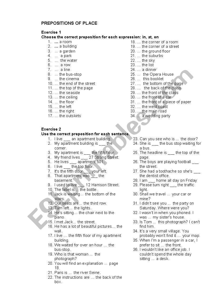 PREPOSITIONS OF PLACE worksheet