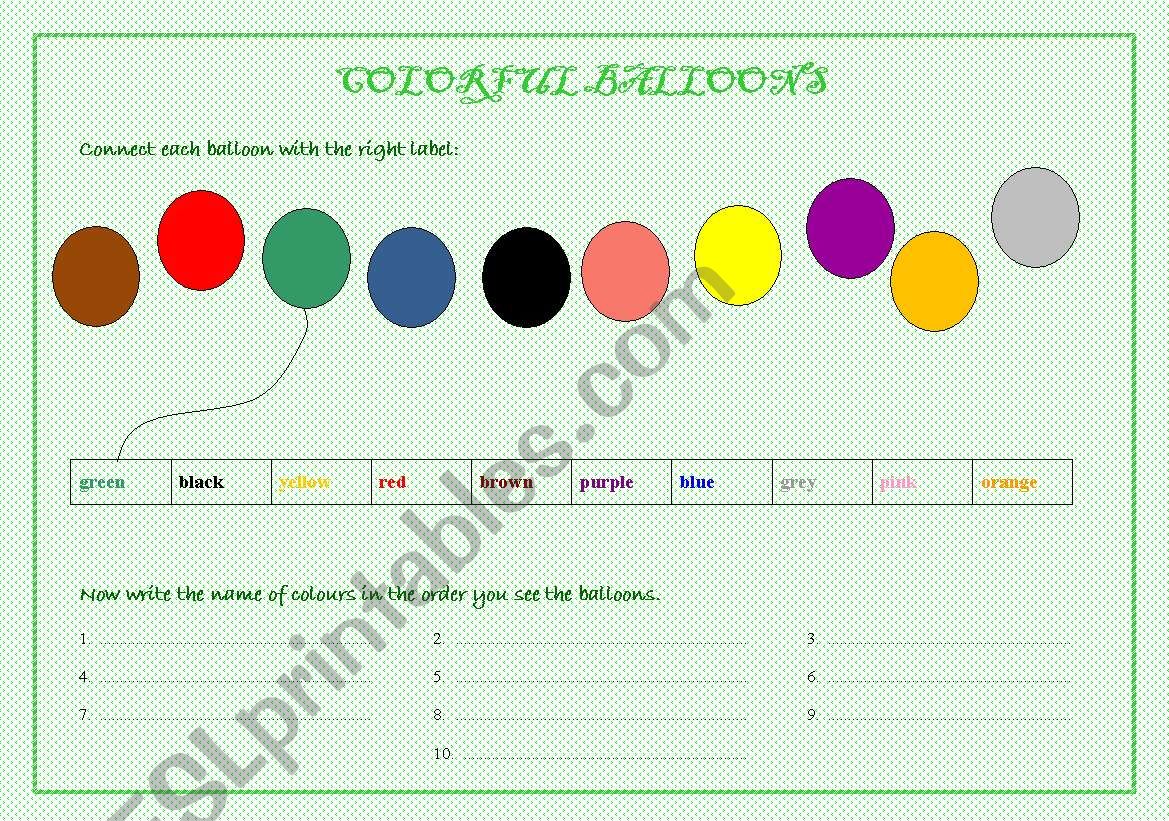 Colourful balloons worksheet