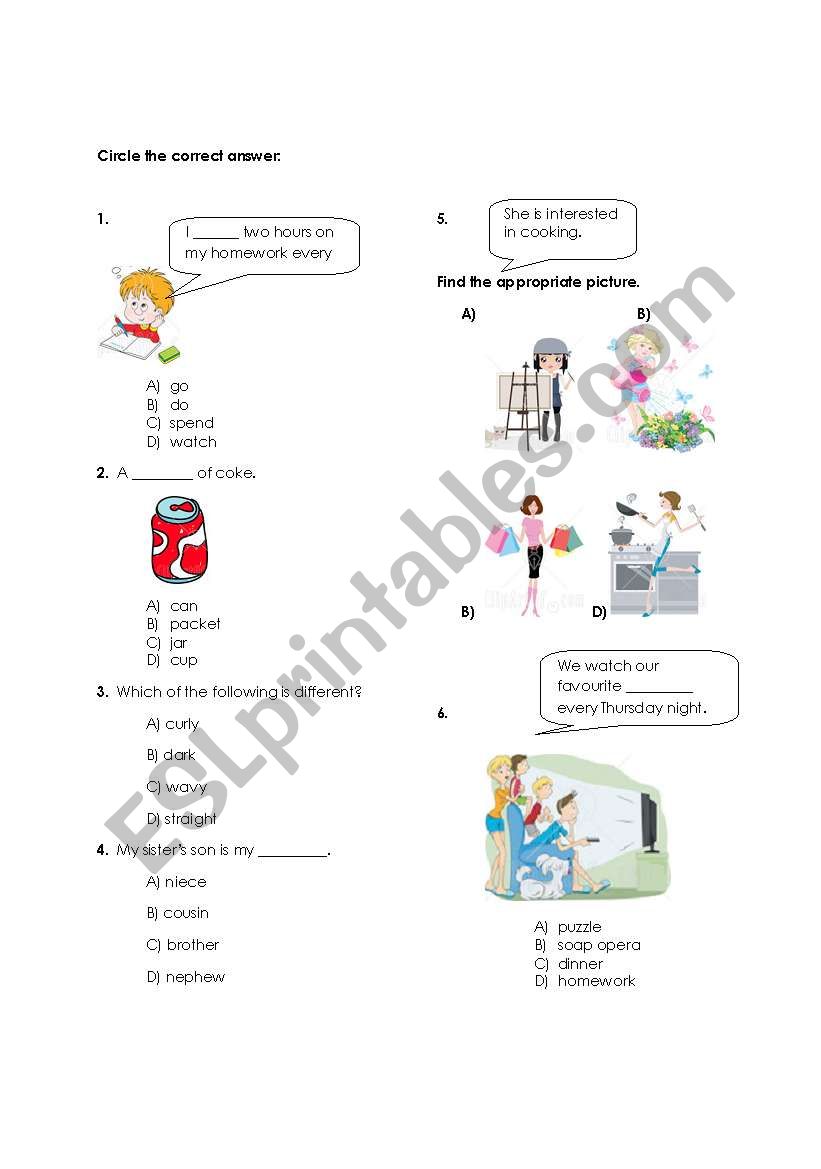 Multiple choice worksheet about describing people, hobbies, food and daily routines
