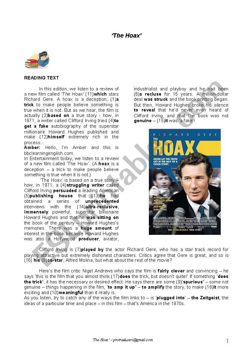 The Hoax worksheet