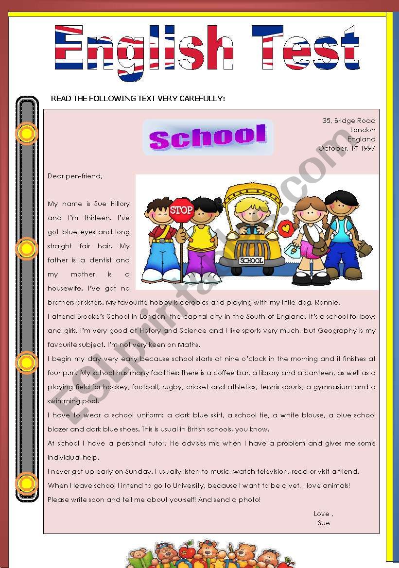 Test about school worksheet