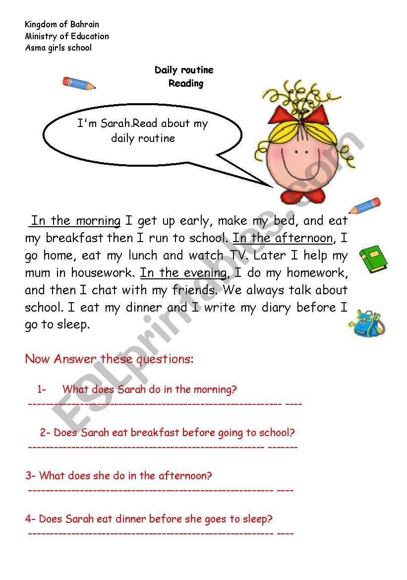 daily routine reading worksheet