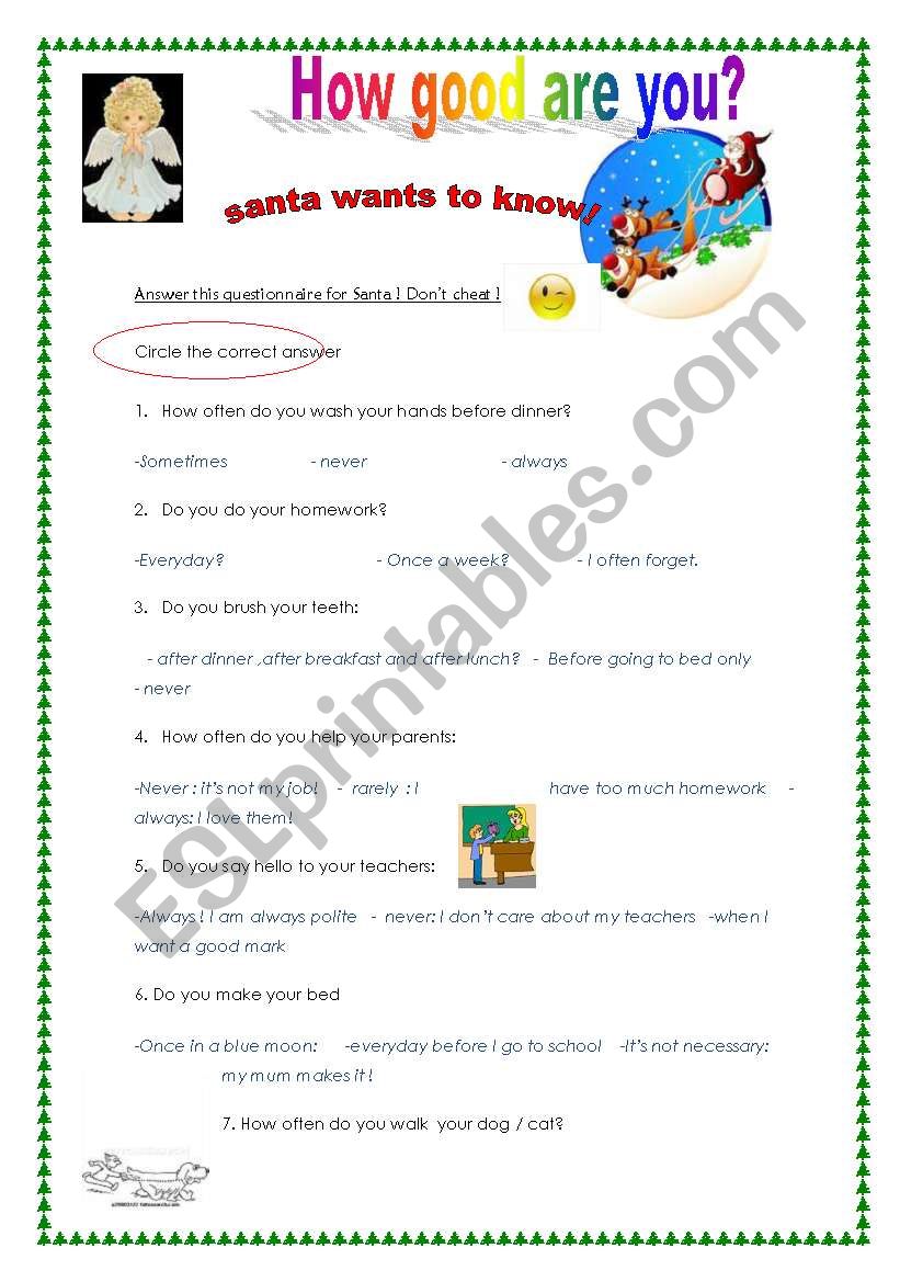 A questionnaire from Santa for naughty boys and girls at Christmas