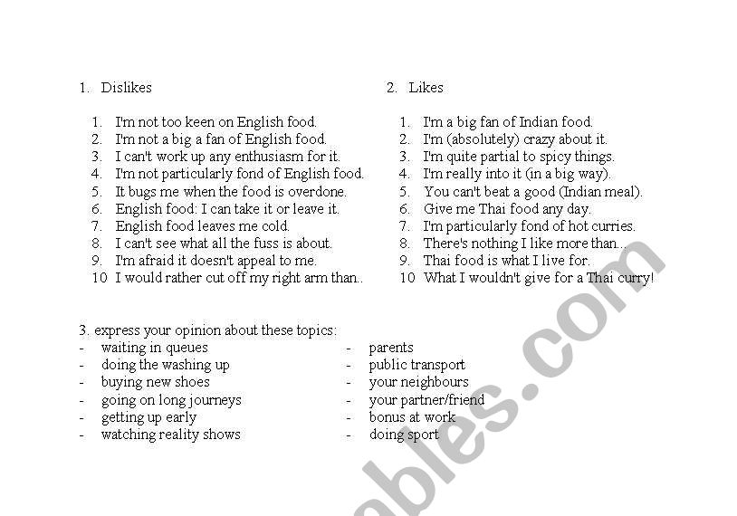 Expressing likes and dislikes worksheet