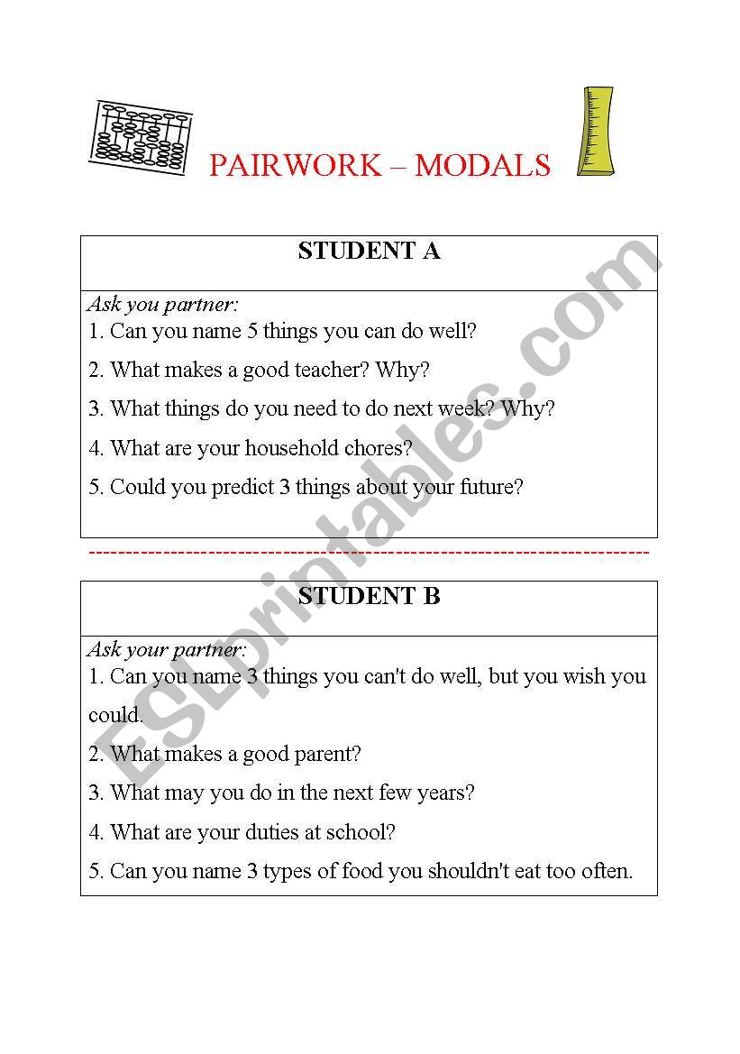 Modal verbs - a pairwork worksheet